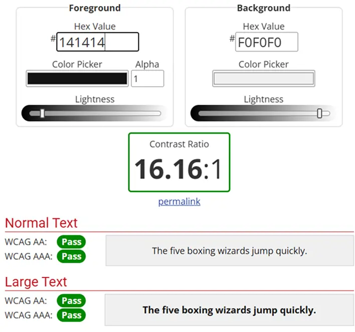 Contrast checker result: background and text — all raw elements meet requirements
