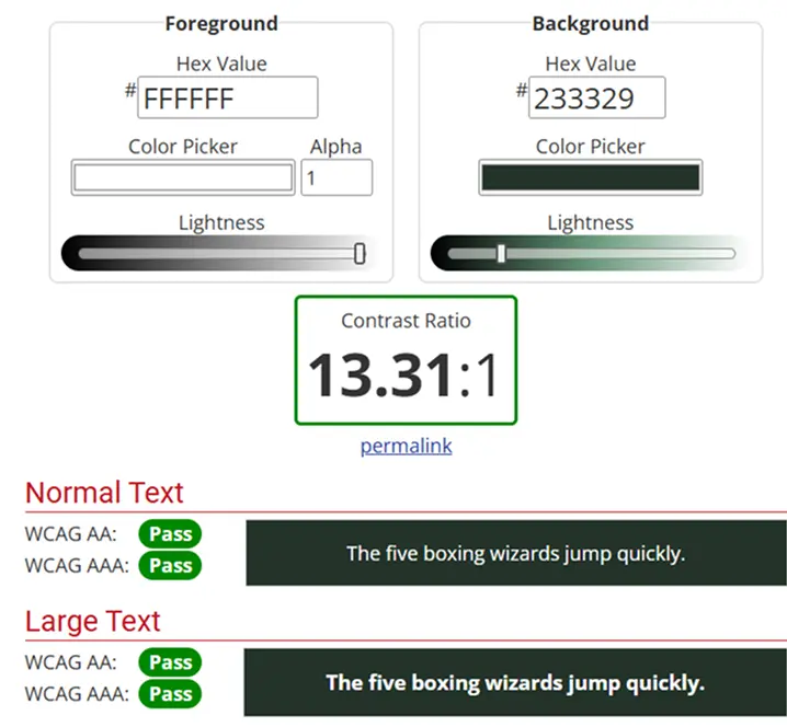 Contrast checker result: hero text — hero and text overlay exceeds minimum standard