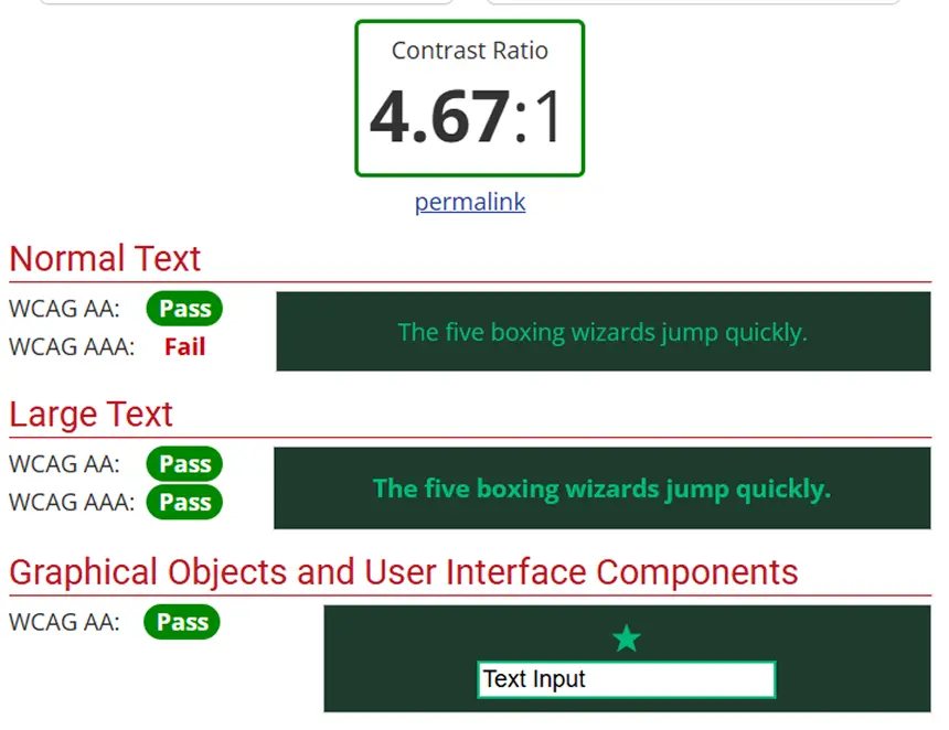 Contrast checker result: navbar and hero — background and body text confirmed compliant