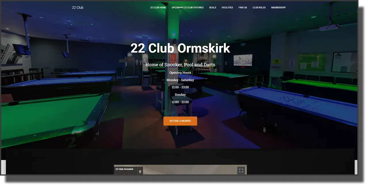 Existing 22 Club homepage showing poor navigation contrast and cramped content layout