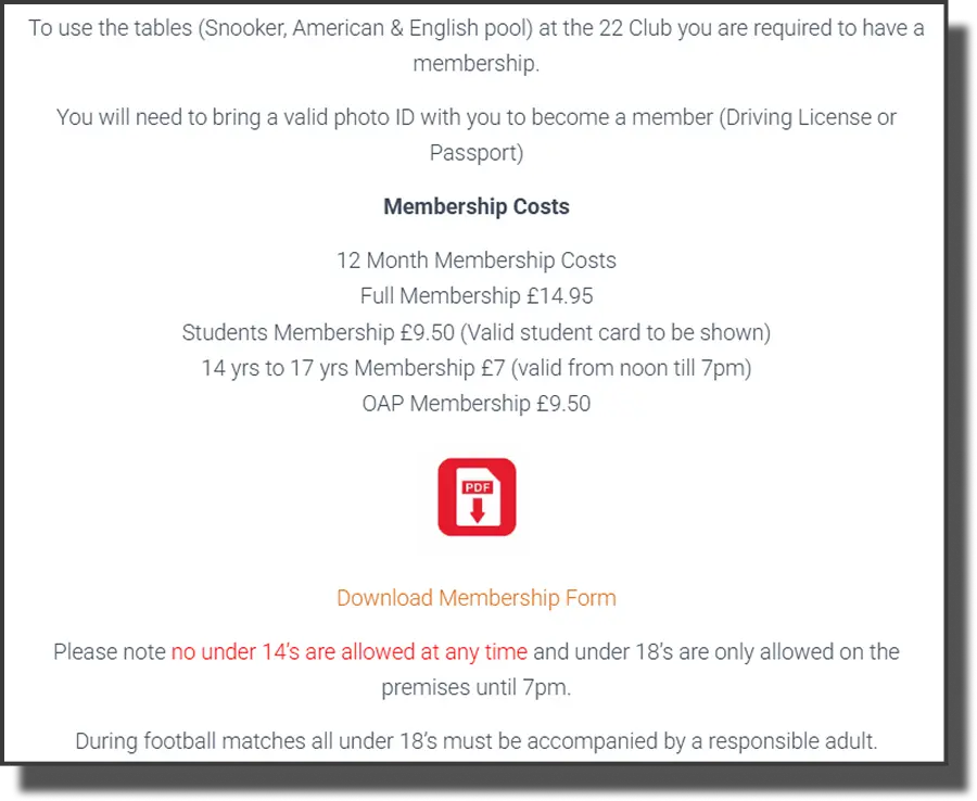 Existing membership page — large sections of centre-aligned text reducing readability
