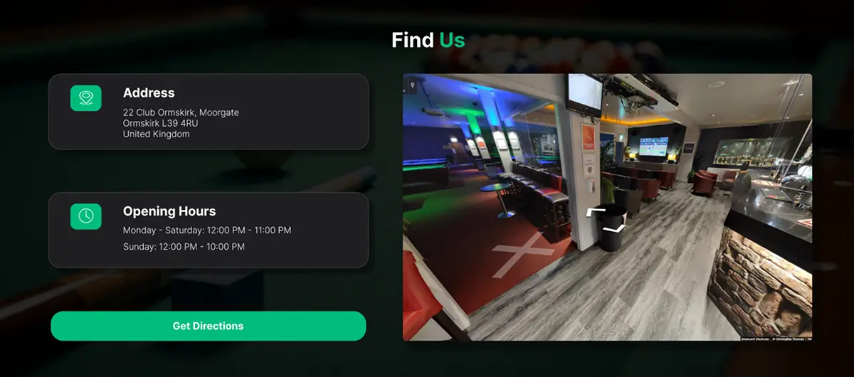 High fidelity prototype — Find Us page with map and location details