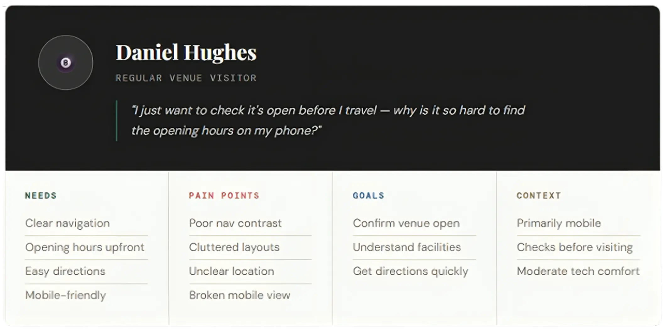 User persona: Daniel Hughes — a local club visitor seeking venue information and membership details