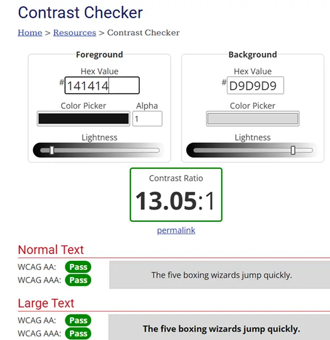 Contrast checker result: background and body text — 13.05:1 ratio, confirmed WCAG AA and AAA compliant