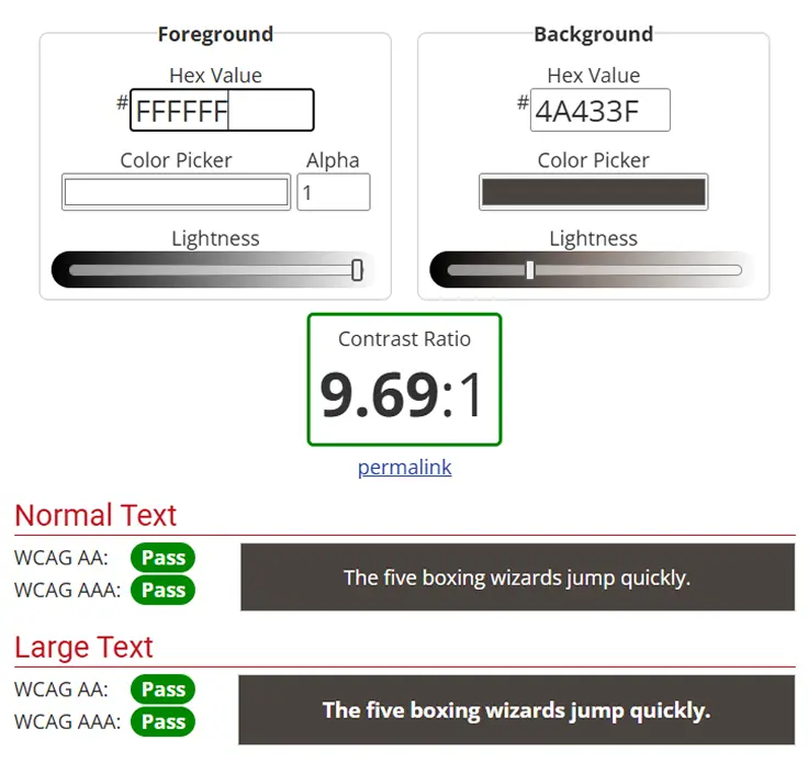 Contrast checker result: navbar and text — 9.69:1 ratio, confirmed WCAG AA and AAA compliant