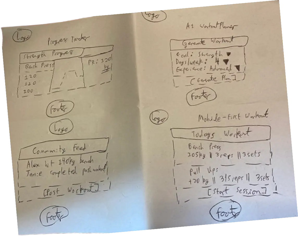 Crazy 8s sketching sheet 1 — eight rapid layout concepts for the Gym Planner