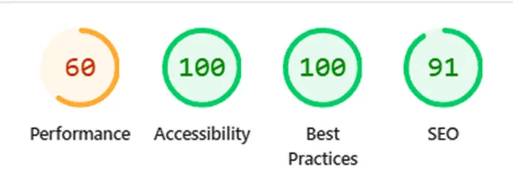 Lighthouse test before optimisation — 60 performance, 100 accessibility, 100 best practices, 91 SEO