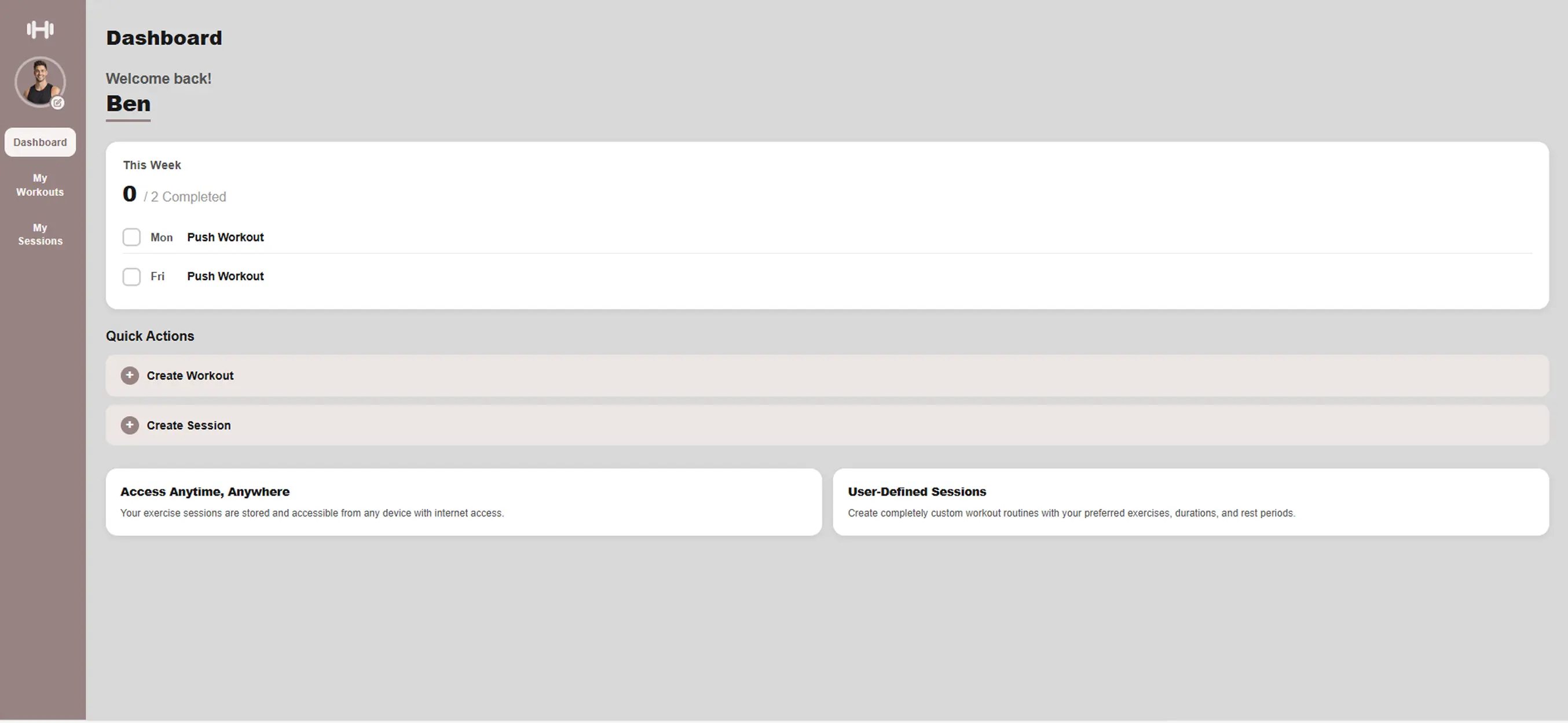Redesigned Gym Planner application dashboard