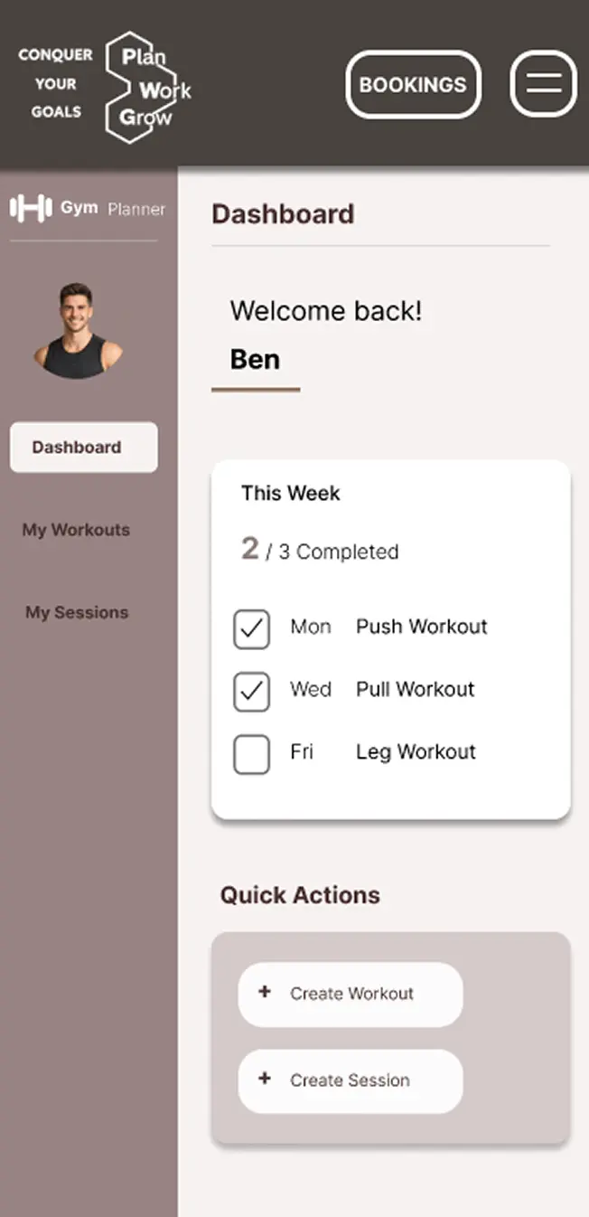 High fidelity prototype — session planner dashboard design