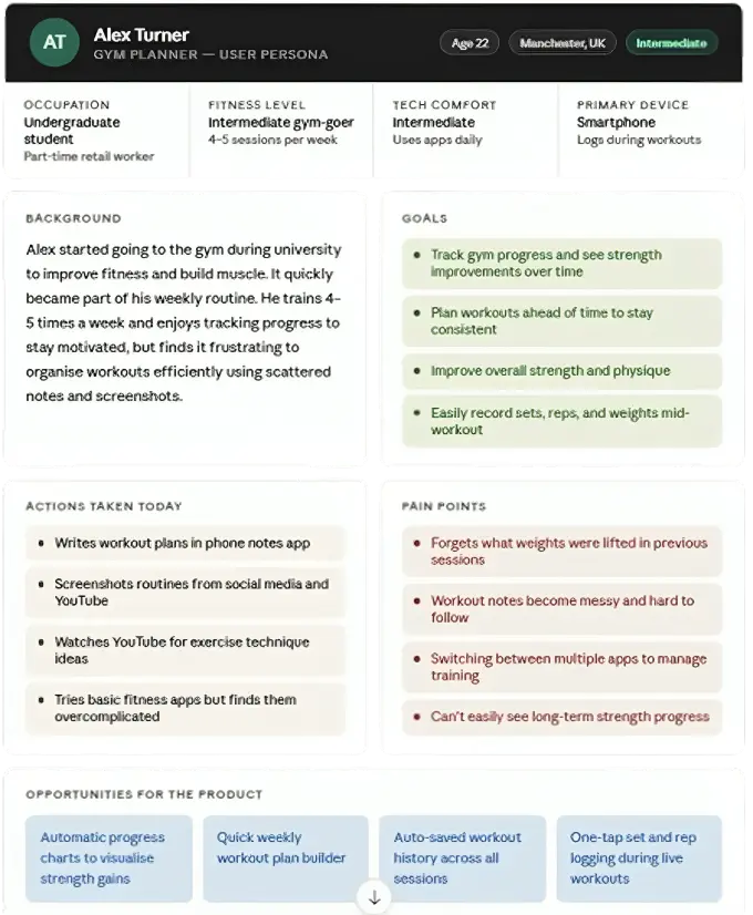 User persona: Alex Turner — a regular gym-goer seeking a simple workout planning and progress tracking tool